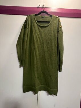 SHEIN Olive Green Button-Shoulder Crewneck Sweater Dress